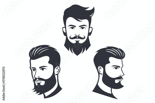 Diverse beards and hairstyles showcase masculine style and grooming, conveying strong and unique character