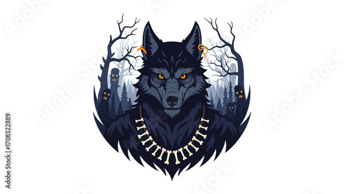 Mysterious Werewolf Illustration: A captivating and intricately illustrated image showcases a majestic werewolf in the eerie depths of a haunted forest.