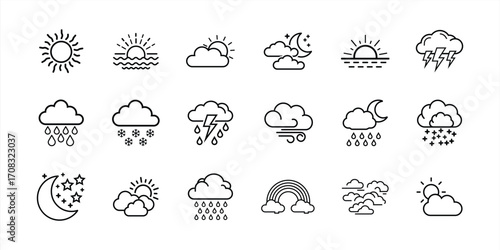 Weather, climate line icon set. Vector pictograms of storm, rain, thunderstorm, snow, weather forecast, thin thermometer illustration.