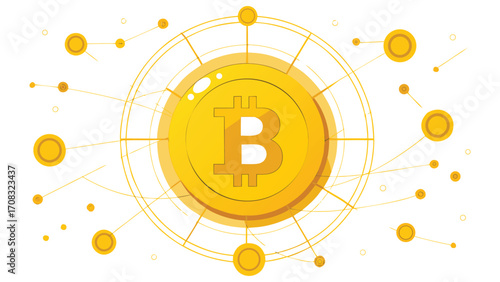 Golden Bitcoin Cryptocurrency Network vector. Abstract Design,  blockchain, network, connection, digital currency, finance, technology, abstract, golden, yellow, on White Background blockchain