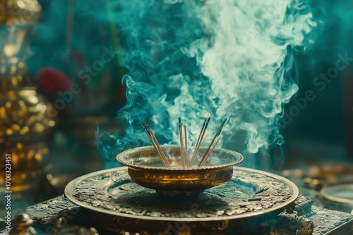 Aesthetic incense sticks with smoke on a light sunny background. Spa meditation concept. Copy space.