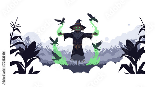 Mystical Scarecrow and Crows: A whimsical illustration depicts a scarecrow, emanating otherworldly energy amidst the ethereal backdrop. It's a scene of mystery, magic and charm. 
