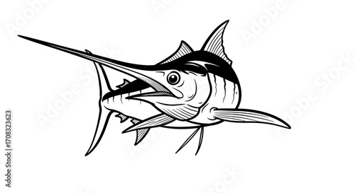 Bold Black and White Marlin Illustration with Striking Details