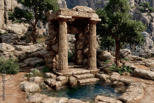 Old stone columns with mountain scenery high resolution picture