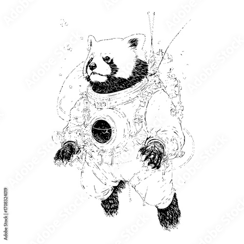 Red panda astronaut in space suit exploring cosmos galaxy adventure cosmic animal black and white illustration art