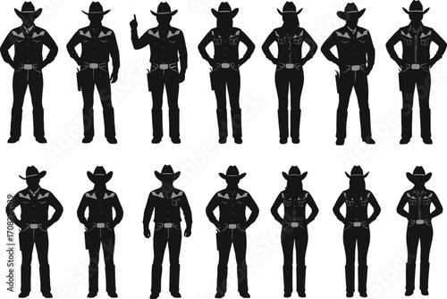 Silhouettes of cowboy and cowgirl characters, western themed vector illustrations for rodeo, ranch, wild west design, country culture, vintage artwork