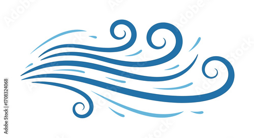 Decorative blue graphic element evoking wind, water, or air flow