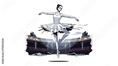 Graceful Ballerina's Dance: An illustrated depiction of a ballerina poised mid-air, elegantly dancing in front of a stylized theater backdrop.