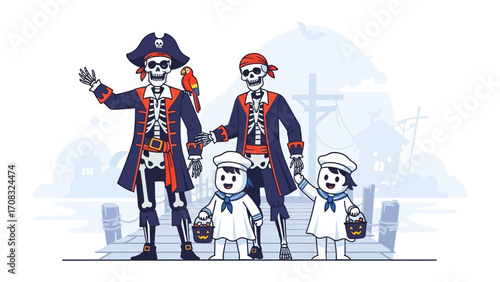 Halloween pirate family: a whimsical illustrated scene depicts a pirate-themed skeleton family, children and adults. The skeletons stand out on a blue, coastal backdrop with simple graphics.