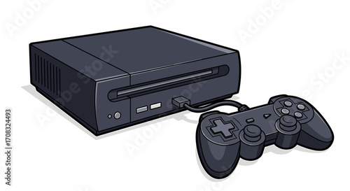Nostalgic black video game console with controller on white backdrop