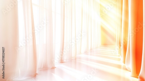 Sunlit interior with sheer curtains