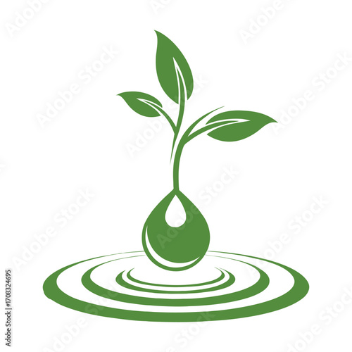 Green Sprout Growing from Water Droplet on Rippling Surface