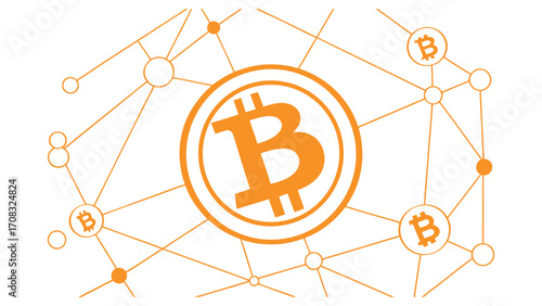 Multiple Bitcoin Symbols in a Digital Network Connection Abstract Background cryptocurrency,  technology, finance, blockchain, currency, money vector illustration. 