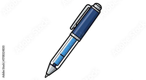 Sleek blue ballpoint pen floats on a clean, white background.