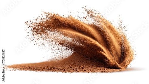 Brown powder erupts in a dynamic, outward-flowing cloud against a white background