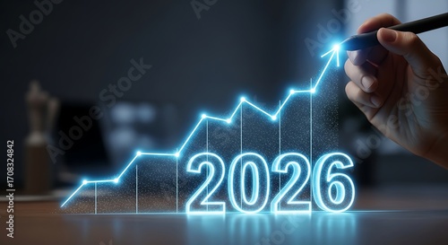Glowing 2026 numeric display with upward trend graph and hand drawing line