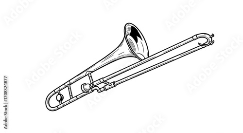 Trombone Illustration in Black and White Outlines on White Background