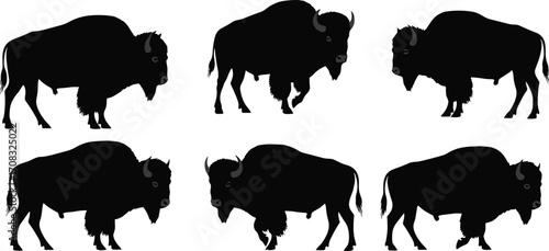 Silhouettes of American bison buffalo wildlife, vector animal illustrations for nature projects, western themes, logo design, decoration, and creative graphic artwork
