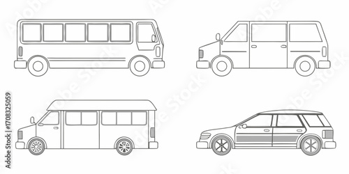 Collection of simple line art illustrations of different vehicles including a bus minivan van and station wagon