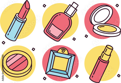 Collection of colorful cosmetic icons: lipstick, perfume, powder, and compact vector Illustration