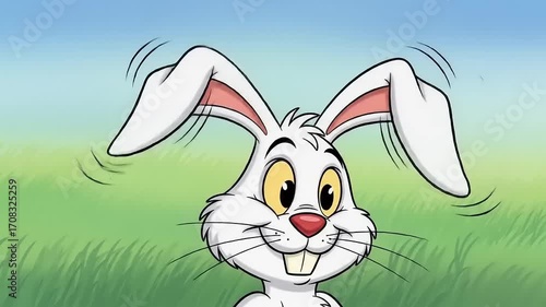 Cartoon rabbit with large ears and a cheerful expression in a grassy field under a blue sky
