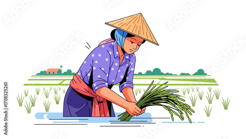 Rural Labor: A serene illustration of a woman dedicated to her work in the serene fields, depicting the essence of rural labor and agricultural life. 