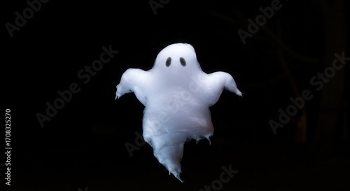 A fluffy, white candy ghost floats against a stark black background, highlighting its ethereal form.
