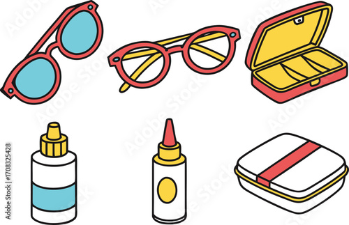 Assorted objects: sunglasses, glasses, case, glue bottles, and lunchbox vector Illustration