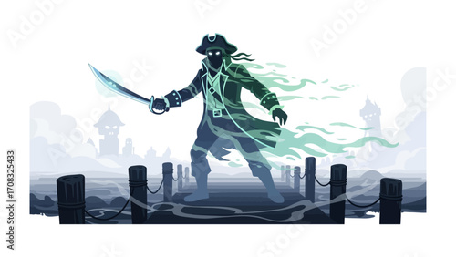 Ghostly Pirate on the Dock: A spectral pirate with a menacing glint in his eyes brandishes a glowing sword, as he hauntingly strolls along a mist-covered dock, with a distant city in the background