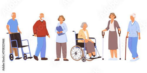 Diverse group of elderly people including individuals in wheelchairs and using walking aids with a caregiver present