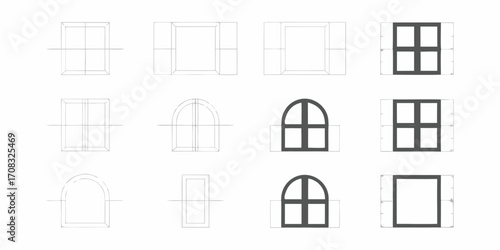 Collection of architectural window designs showing different shapes and styles in a grid layout