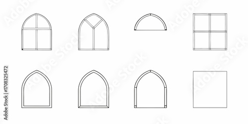 Collection of architectural window designs including arched pointed and square shapes with simple line drawings