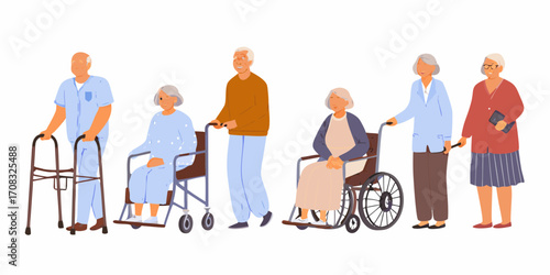 Diverse group of elderly people with mobility aids and caregivers in a flat illustration style