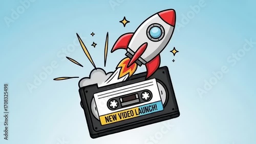 Cartoon rocket launching from a vintage cassette tape, symbolizing a new video release with excitement