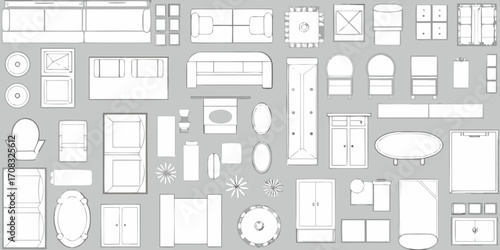 Collection of hand drawn top down furniture and architectural elements for interior design planning