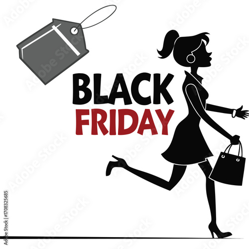 Vector illustration of a retro-style woman with a shopping bag and a sale sign
