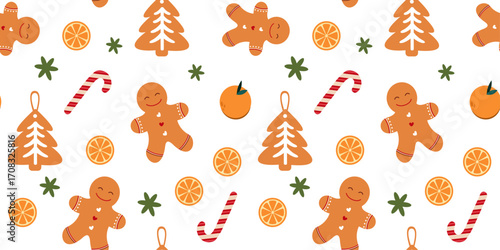 Seamless christmas pattern with gingerbread man, tree biscuit, candy cane, orange slice. Background for wrapping paper and fabric print