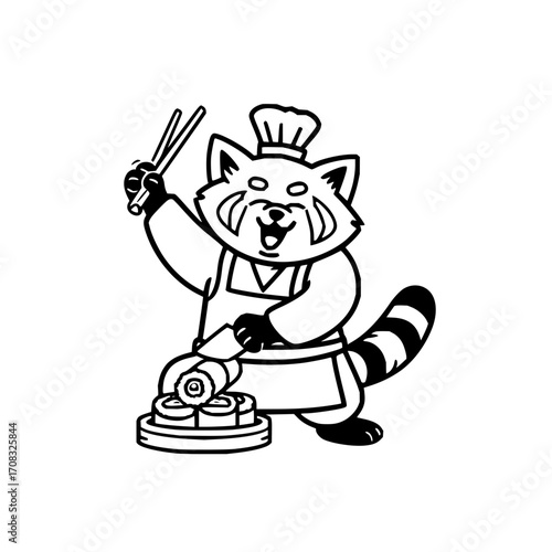Red panda sushi chef with chopsticks making sushi rolls japanese food restaurant asian cuisine culinary art vector
