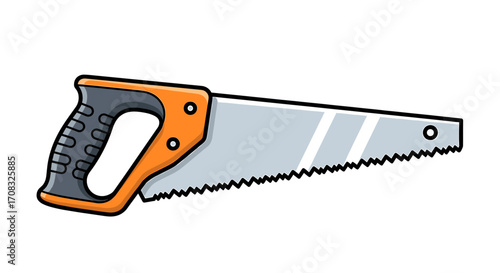 Cartoon hand saw illustration with orange handle on white background