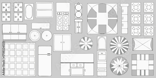 Collection of top down architectural drawings of furniture and household items in a blueprint style