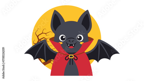 Enchanting Bat in a Cape: A charming bat, adorned in a cape, soars against the backdrop of a full moon, inviting viewers into a world of Halloween mystique and spooky fun.