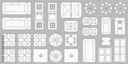 Collection of architectural elements and decorative patterns in a top down view hand drawn sketch style