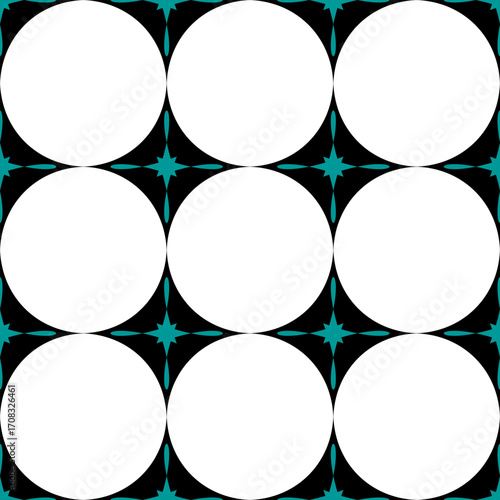 Seamless geometric pattern with nine large circles, morning star shapes, and teal green elements. Decorative square design for textiles, wallpapers, packaging, and modern prints.