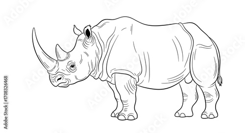 Detailed rhinoceros line art illustration on a clean white background