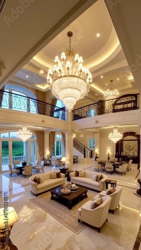 Architectural interior of a futuristic modern  hotel interior building with marble columns and stone arches