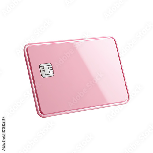 A light pink rectangular credit card, glossy and angled, with a chip