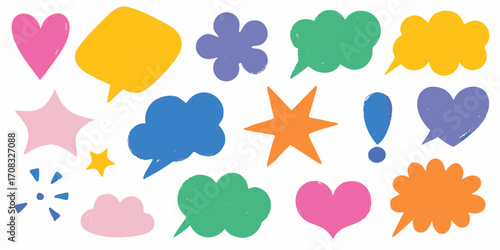 Collection of colorful hand drawn speech bubbles hearts stars and exclamation marks on white background