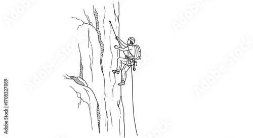 Rock climber ascends cliff with rope and safety gear illustration