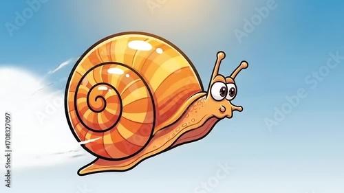 Cartoon snail with a vibrant orange shell gliding through a bright blue sky, symbolizing speed and agility