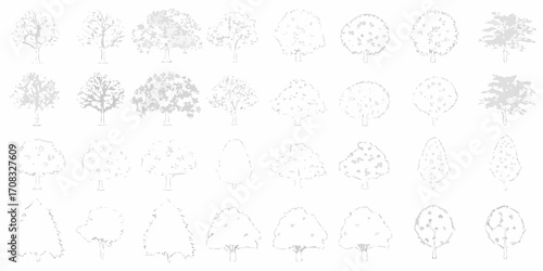 Collection of stylized hand drawn trees in various shapes and sizes with a minimalist white and grey color palette